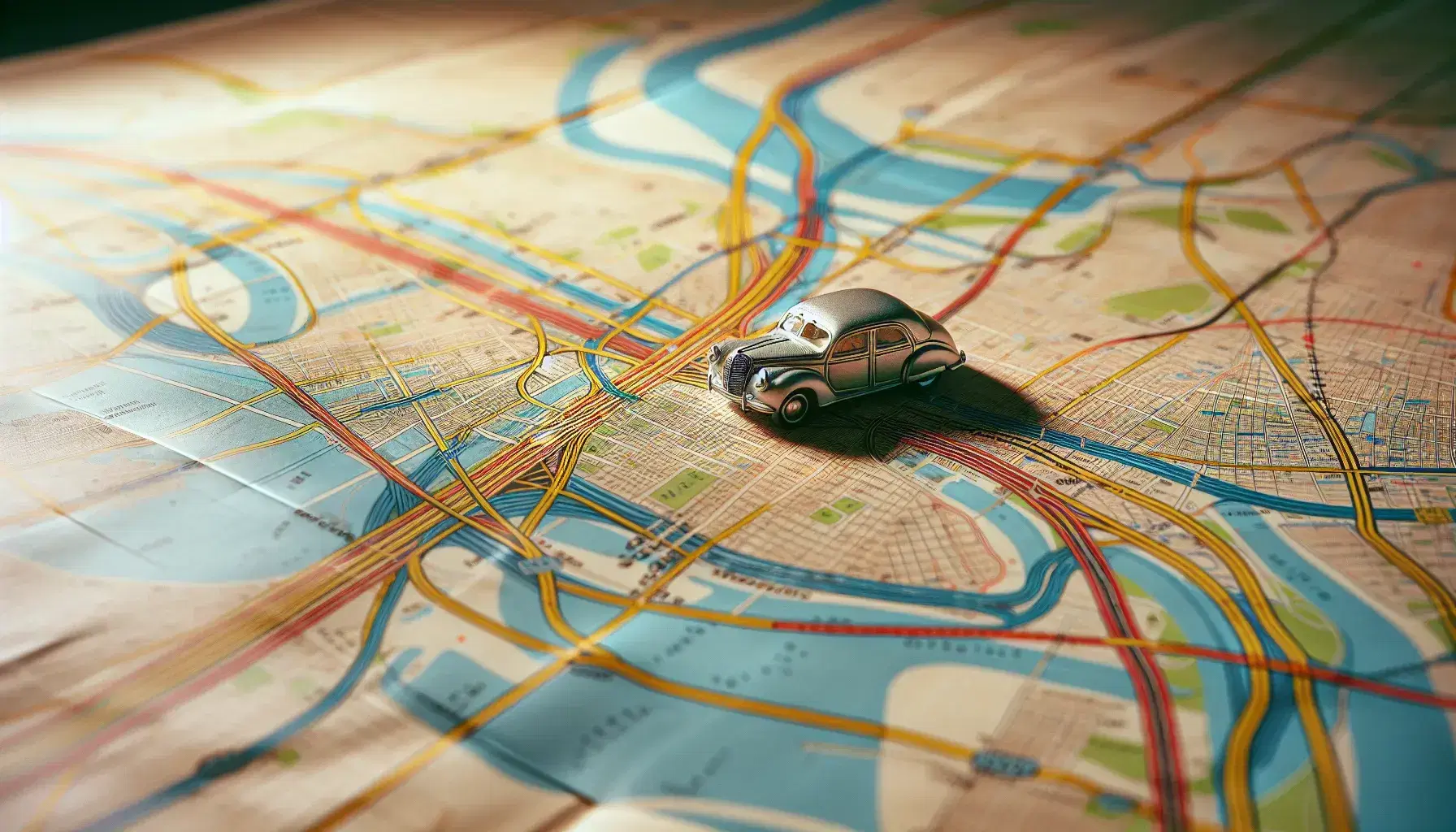 Partially open detailed road map with colorful lines on the streets and silver toy car on blue highway, no text visible.