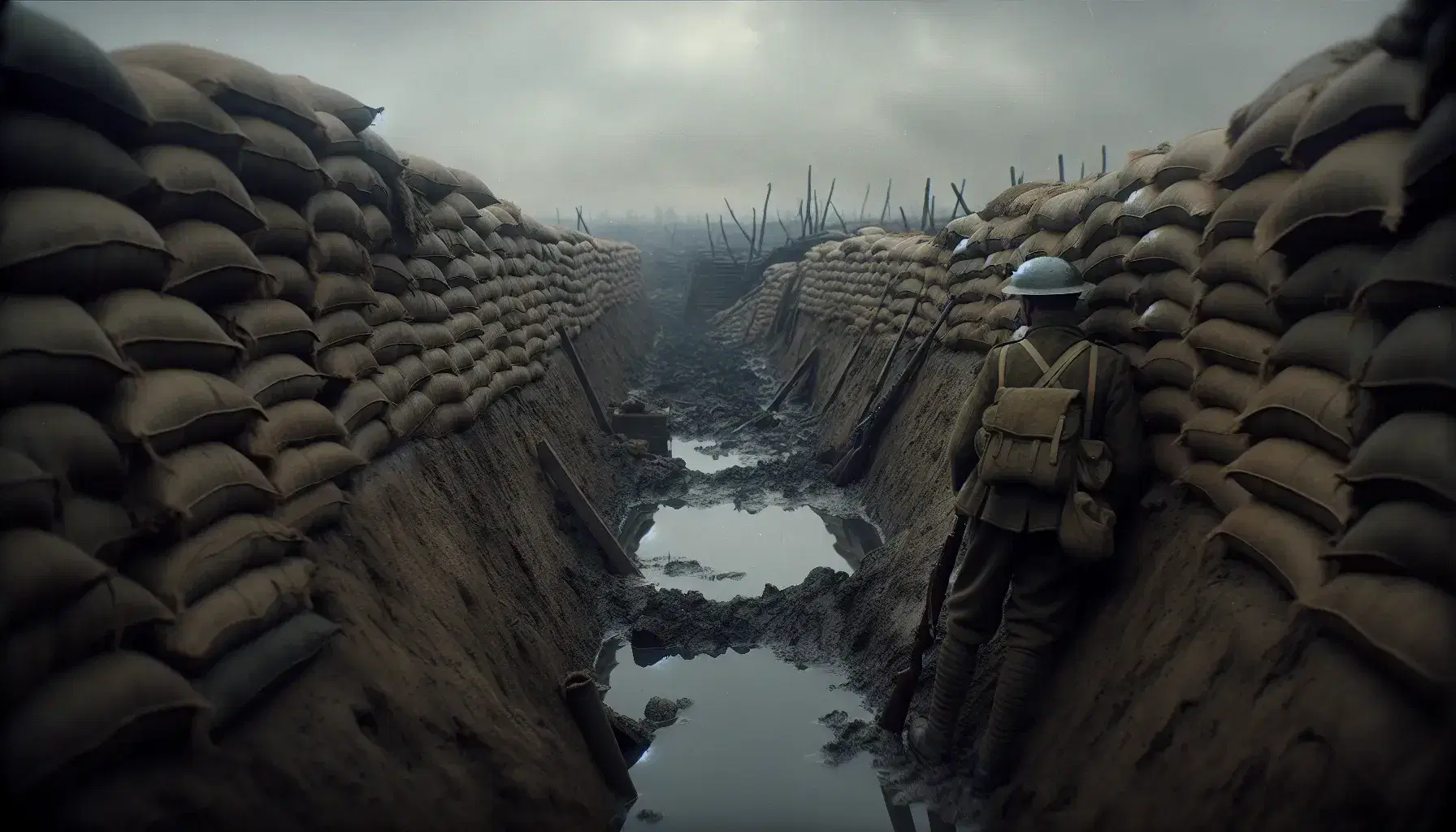 Trincea della Prima Guerra Mondiale con muri rinforzati da sacchi di sabbia, soldato in uniforme osserva il campo di battaglia desolato sotto un cielo grigio.