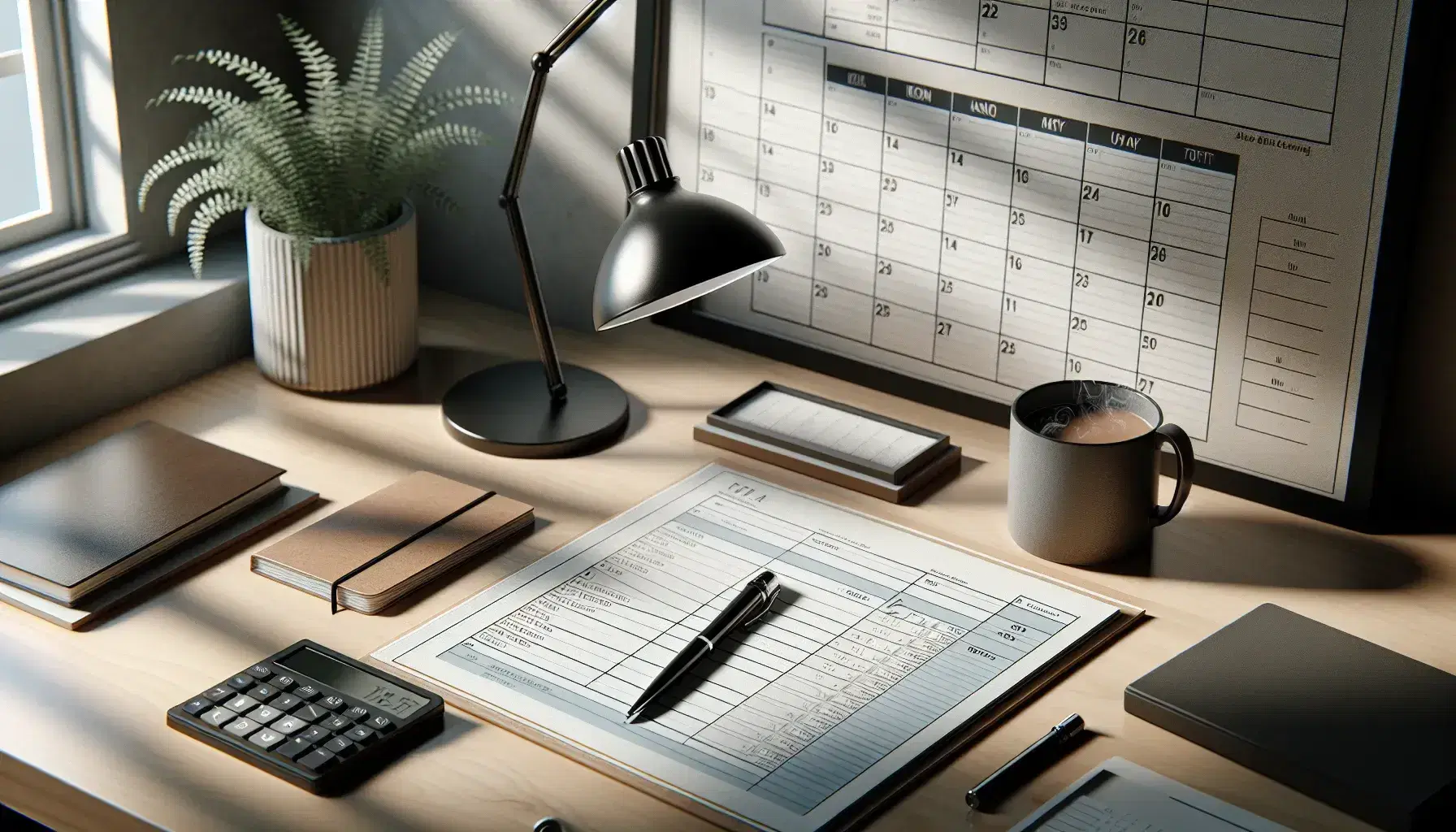 Escritorio de oficina con elementos de planificación como bloc de notas, calendario, calculadora y taza de café, junto a una planta y una lámpara apagada.