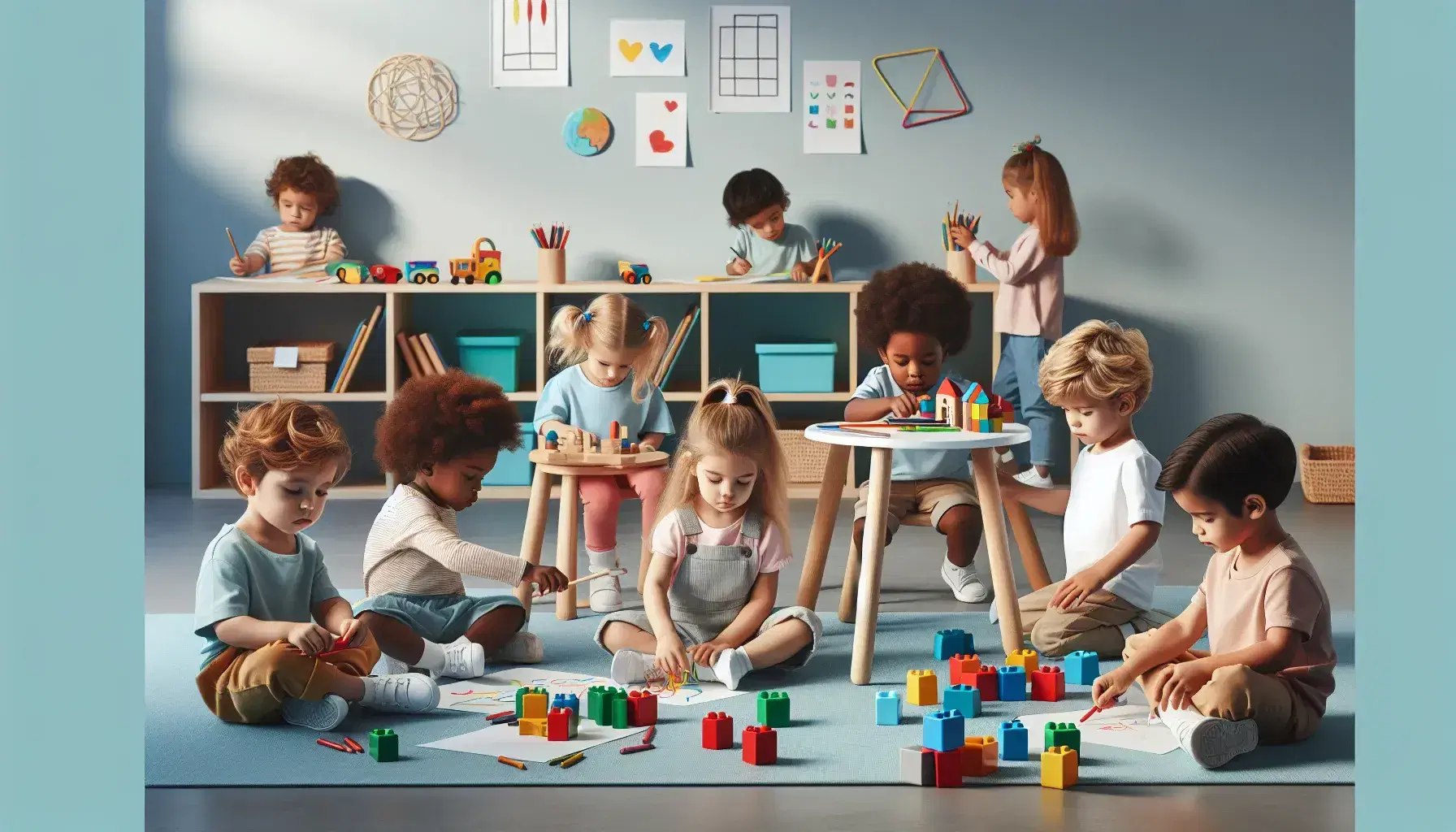 Niños de diversas edades participan en actividades educativas en un aula colorida, con uno construyendo con bloques, otros dibujando y uno seleccionando juguetes de un estante.