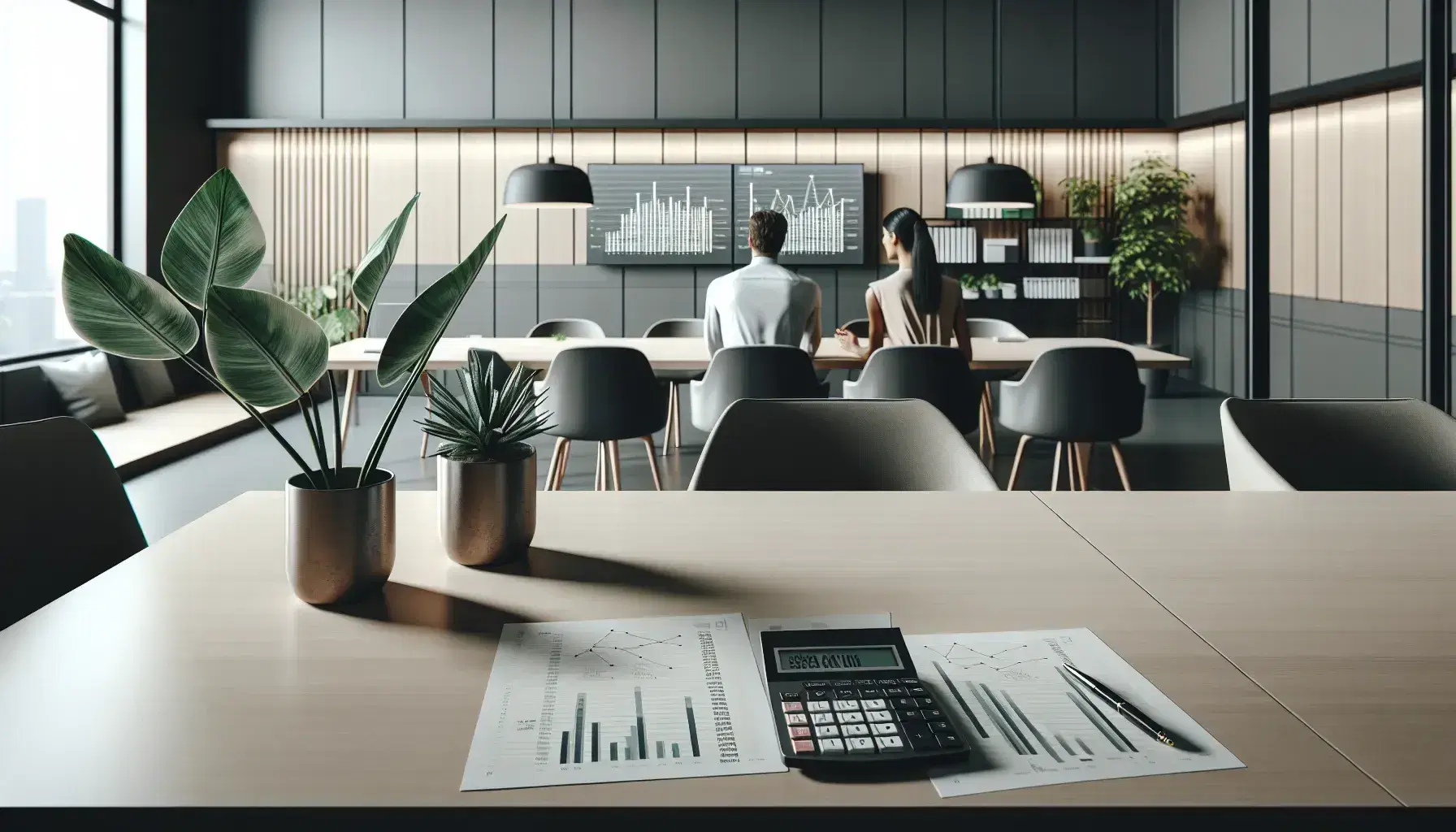 Escena de oficina moderna y luminosa con escritorio y calculadora gris, gráficos impresos, planta interior y dos personas en reunión al fondo.