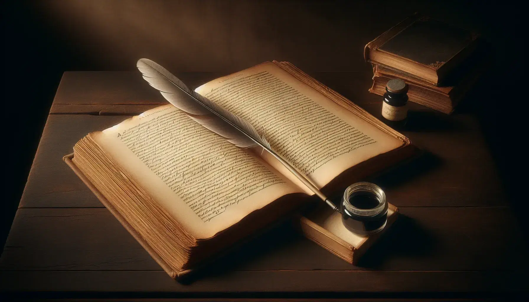 Open antique book on dark table with yellowed pages, quill pen and glass inkwell with black ink, soft lighting.