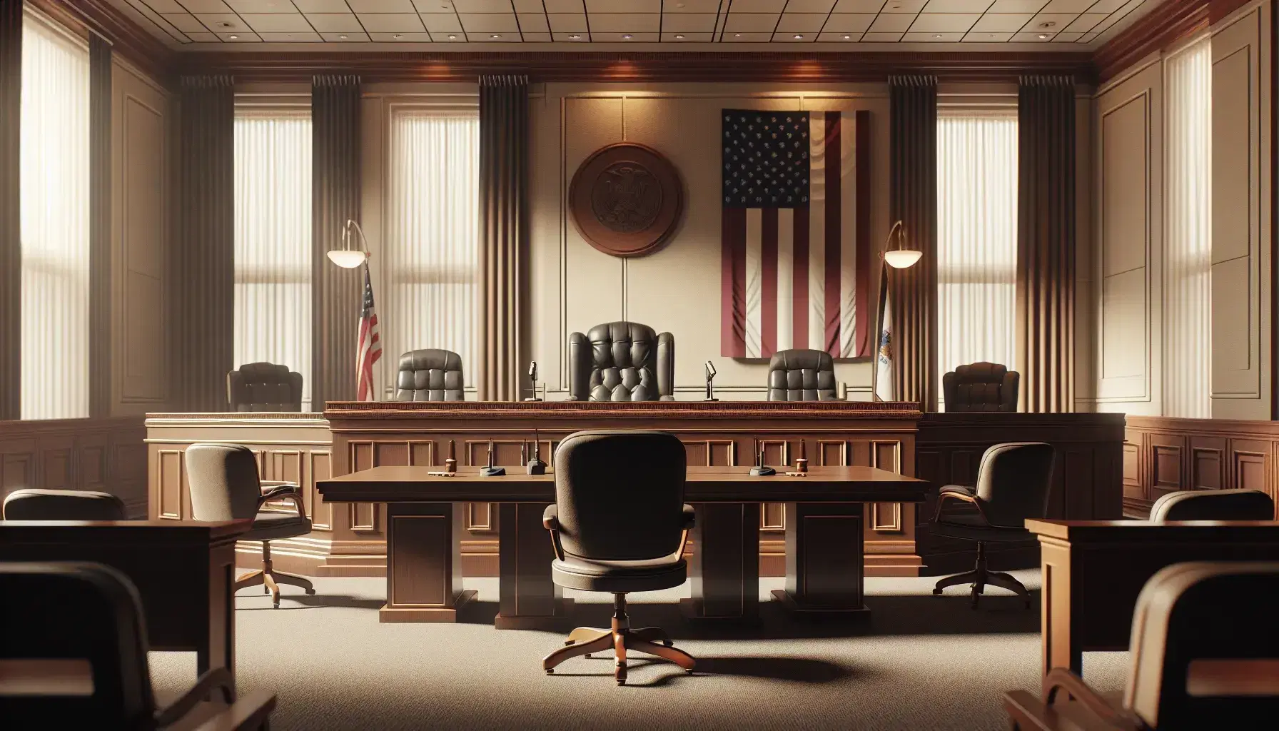 Sala de tribunal con mesa en forma de U, silla elevada de juez, mesas para abogados, bandera sin símbolos y testigo con micrófono.