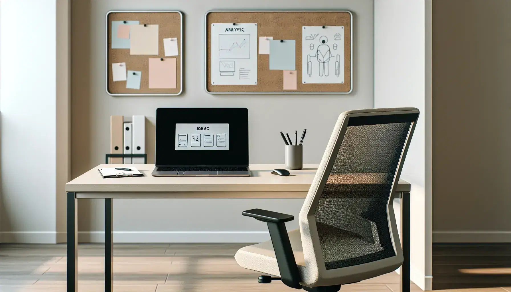 Oficina moderna y luminosa con escritorio, portátil, silla ergonómica y tablones de anuncios, reflejando un ambiente de análisis de trabajo organizado.