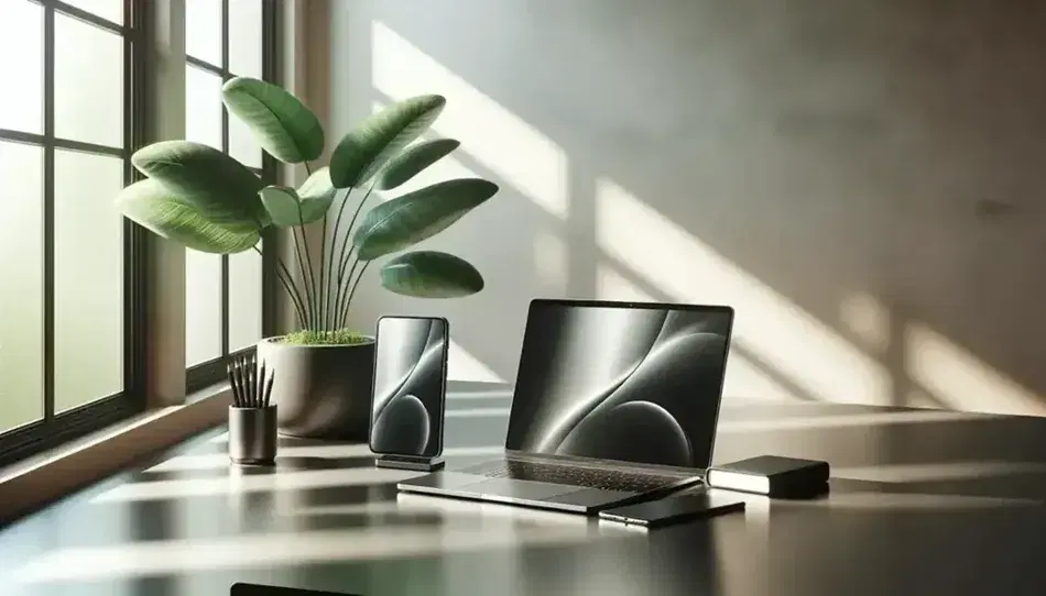 Modern desk with blank silver laptop, black smartphone and green plant in bright room with large windows, minimalist style.