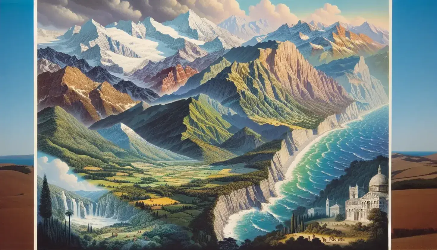Collage paesaggi italiani con Alpi innevate, Pianura Padana, Appennini, costa ligure, spiagge tirreniche, adriatiche, Sud arido e isole vulcaniche.