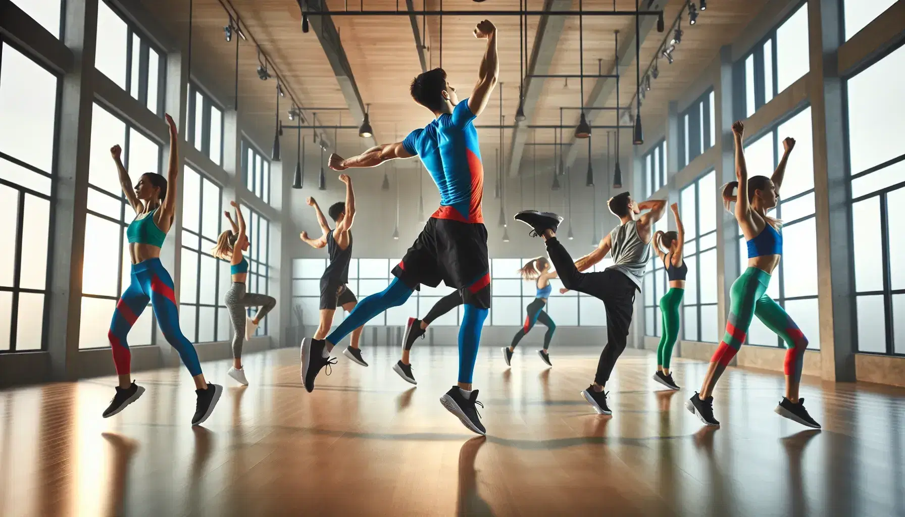 Grupo de cinco personas realizando ejercicios aeróbicos en un gimnasio espacioso y luminoso, con uno en el centro saltando y otros imitando la acción, vestidos con ropa deportiva colorida.