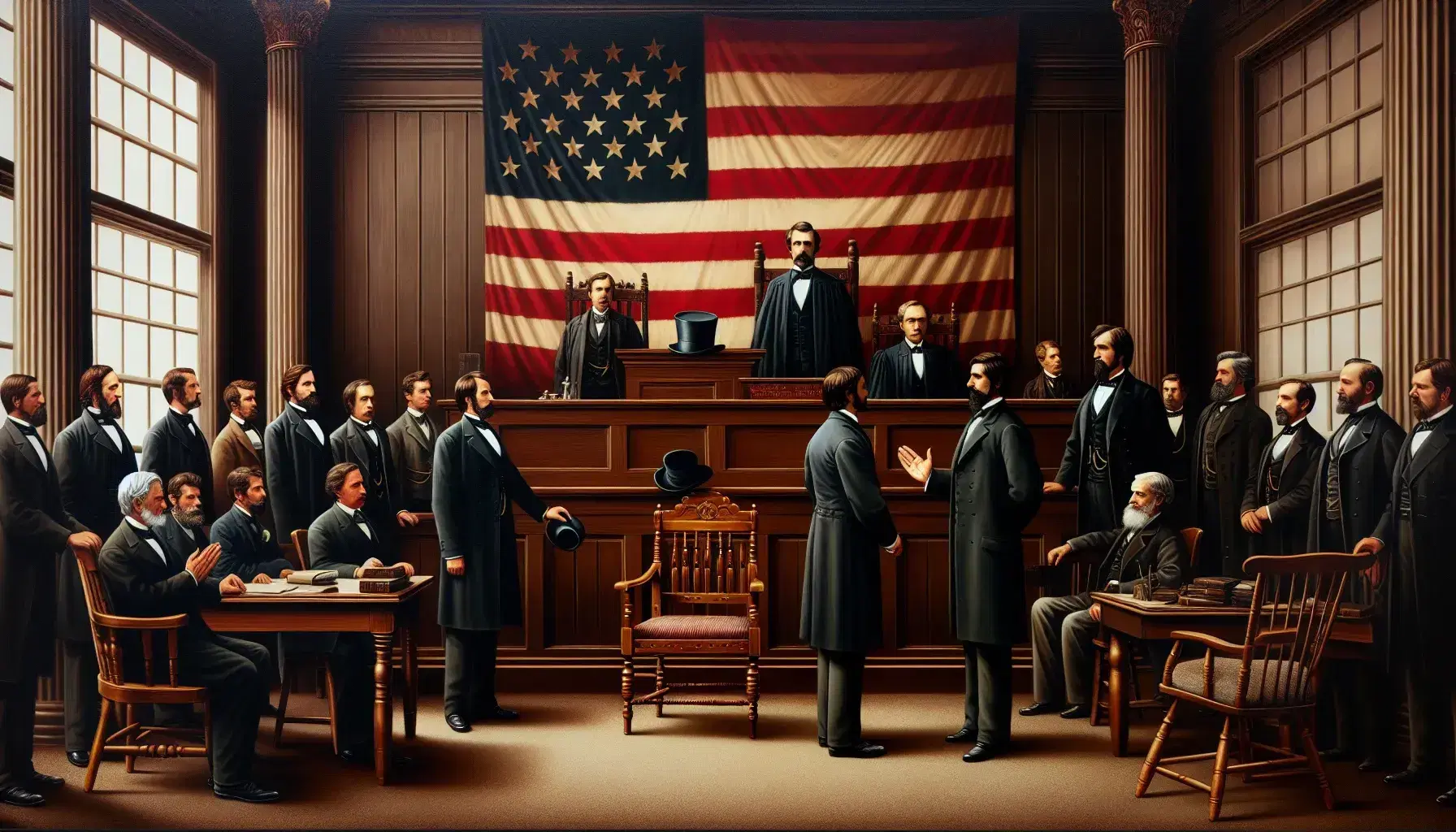 1860s courtroom scene with a man taking an oath, American flag with 36 stars in the background, and onlookers in period attire seated on wooden benches.