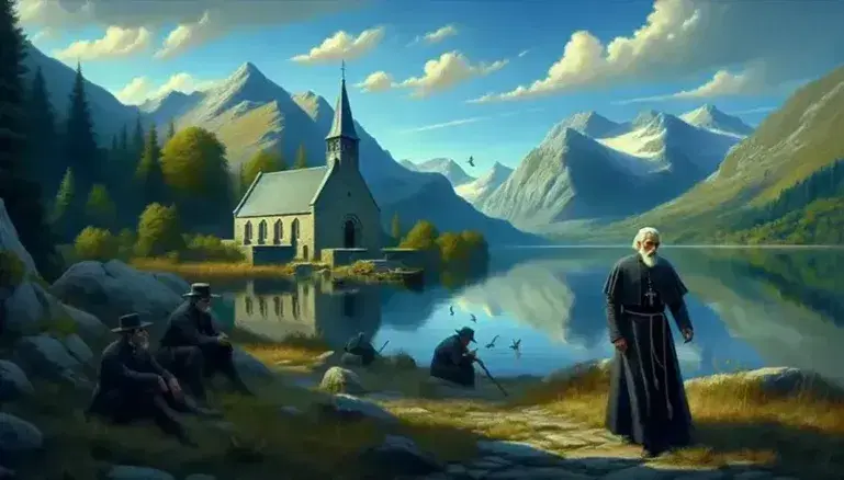 Scena pastorale con chiesa romanica e sacerdote inquieto sul lago, montagne riflesse nell'acqua, uomini minacciosi in attesa.