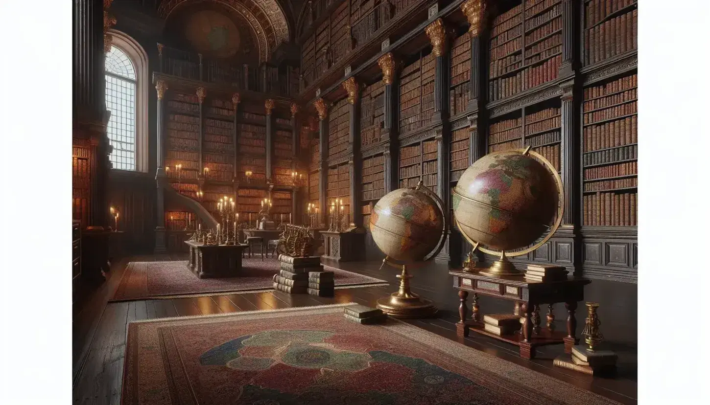 Biblioteca antica con scaffali in legno scuro pieni di libri colorati, globo terrestre, microscopio in ottone e tappeti persiani.