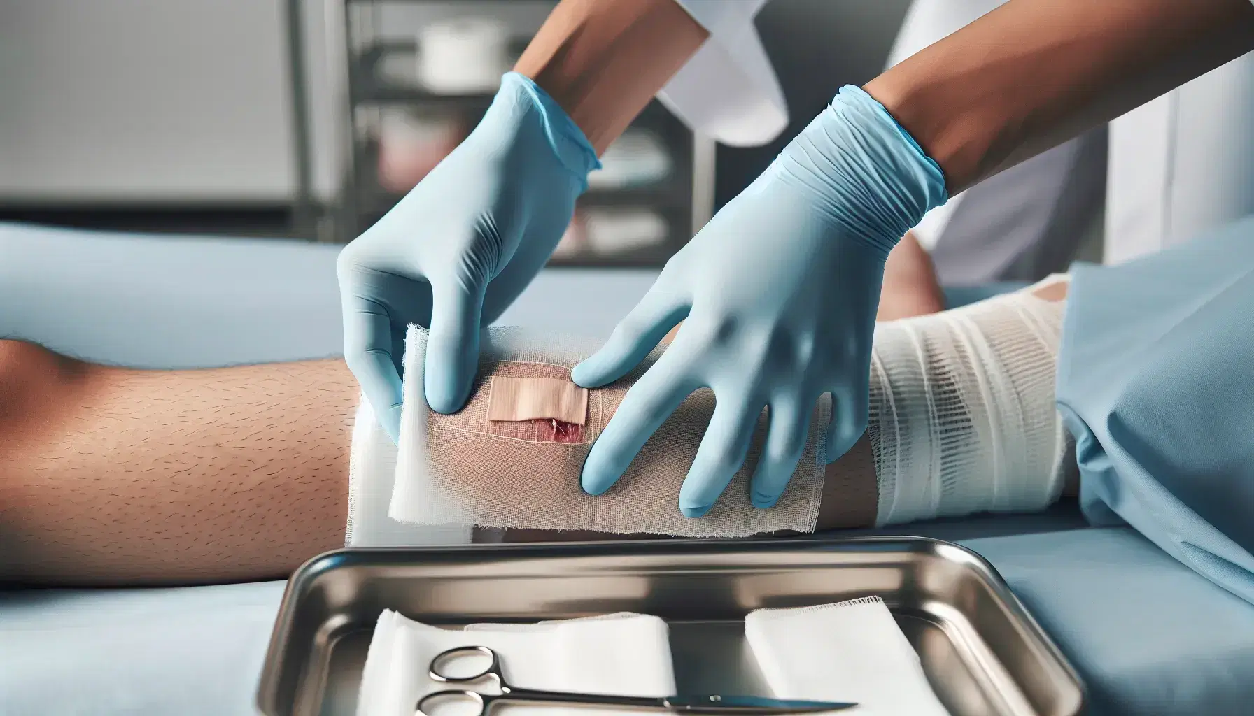 Manos con guantes de látex azul claro cambiando un vendaje en la pierna de un paciente, con gasa estéril sobre herida limpia y carro de acero inoxidable con material médico al fondo.
