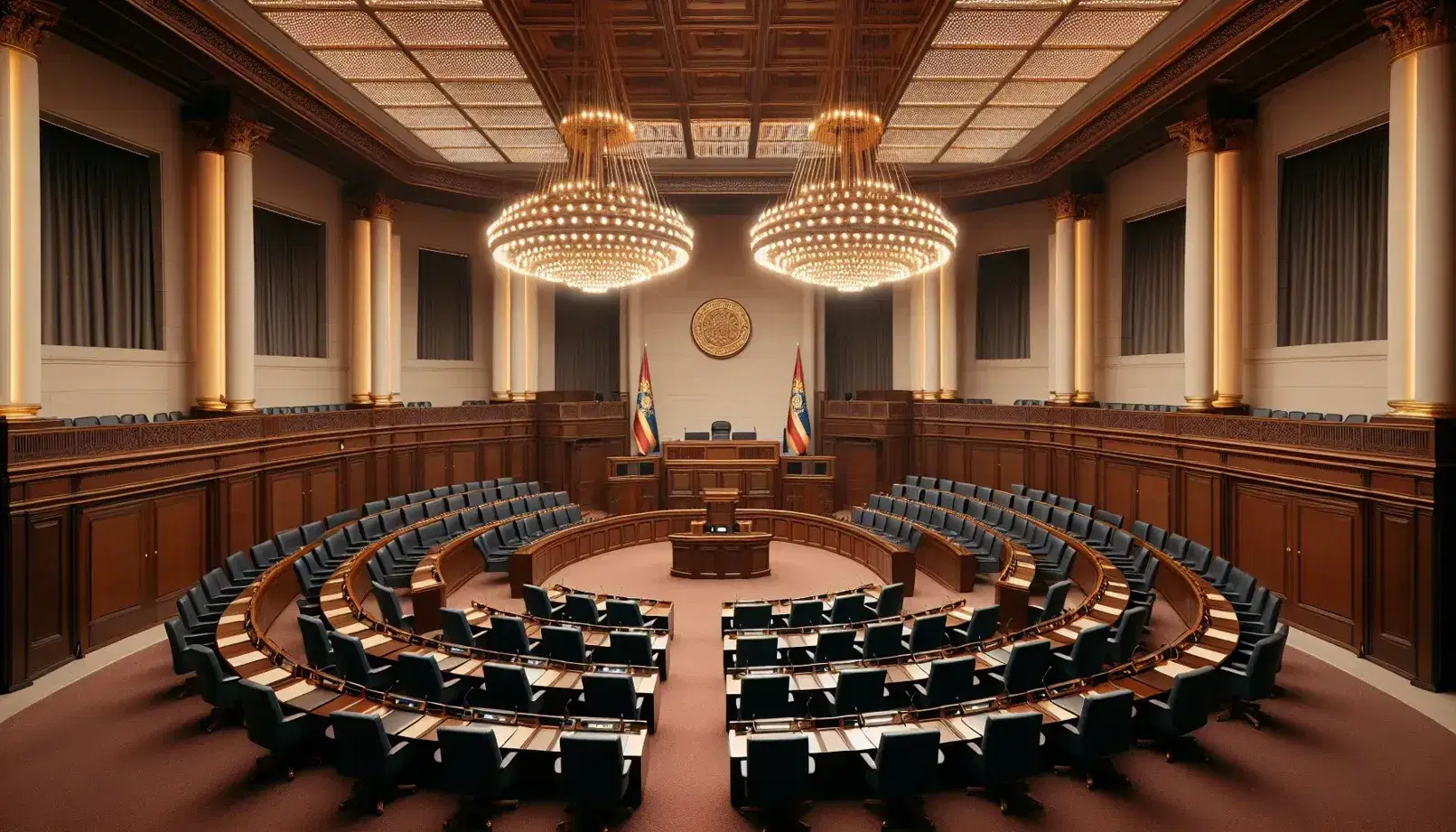 Sala parlamentare vuota con scrivanie semicircolari, poltrone blu, podio con microfono e stemma nazionale, illuminata da lampadari.