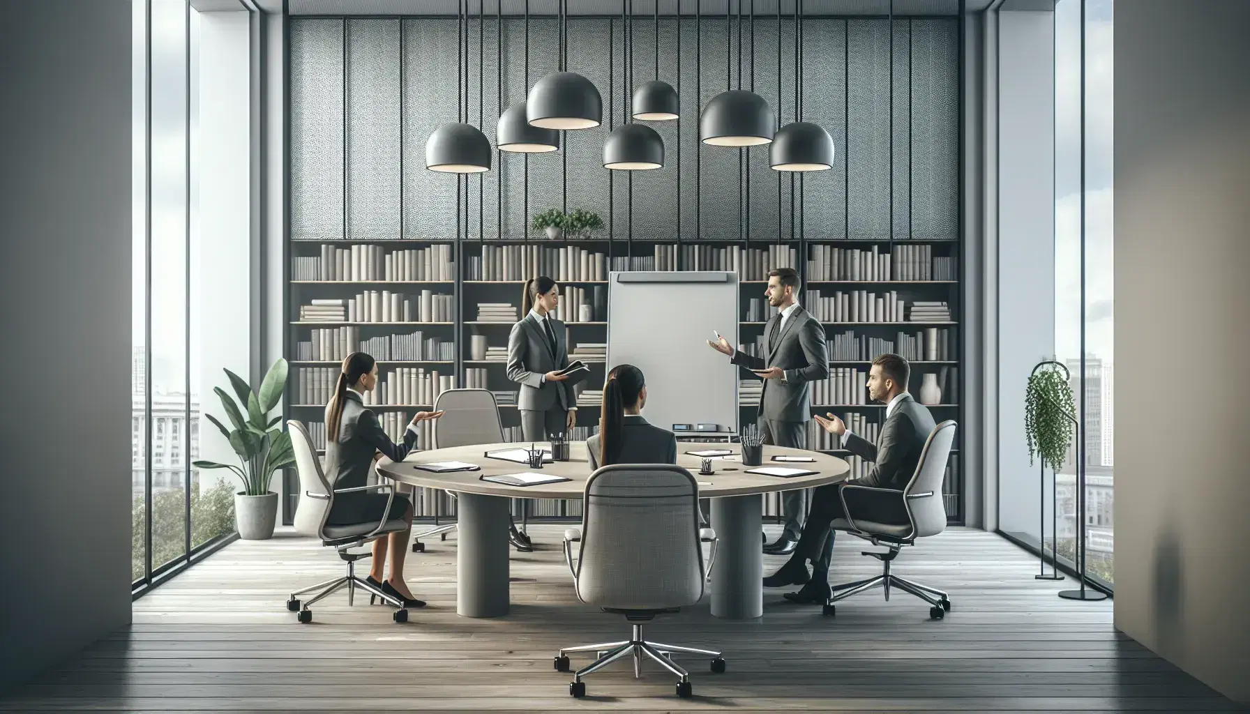 Oficina moderna con mesa redonda y documentos, cuatro profesionales en reunión, pizarra blanca y estantería con libros, iluminación LED y ventana con cielo azul.