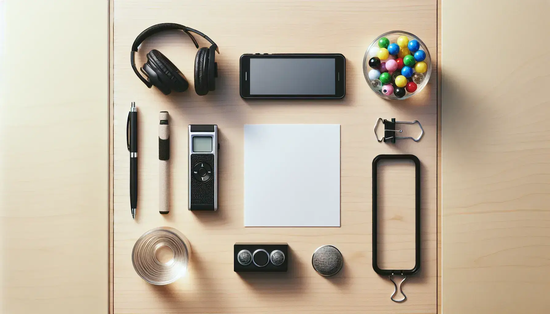 Light wood desk with black digital voice recorder, stacks of white index cards, jar of colorful marbles and black headphones.