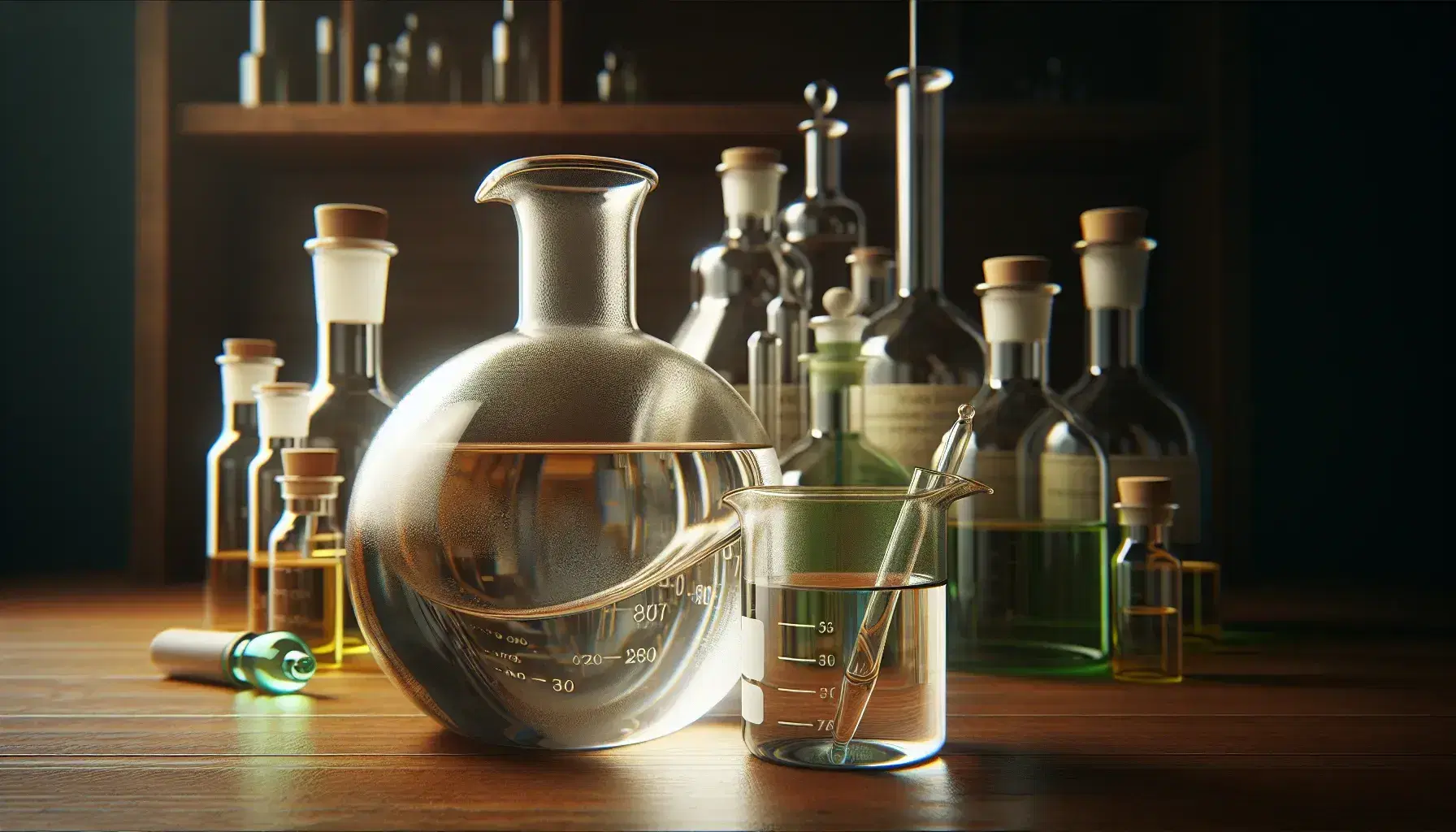 Glass beaker with transparent liquid and stirring rod on wooden laboratory bench, next to flask with cap and blurry colored bottles.