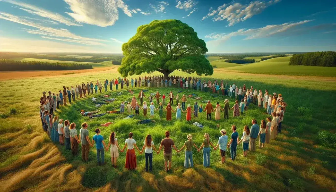 Grupo diverso de personas tomadas de las manos formando un círculo alrededor de un árbol frondoso en un campo abierto, bajo un cielo azul con colinas al fondo.
