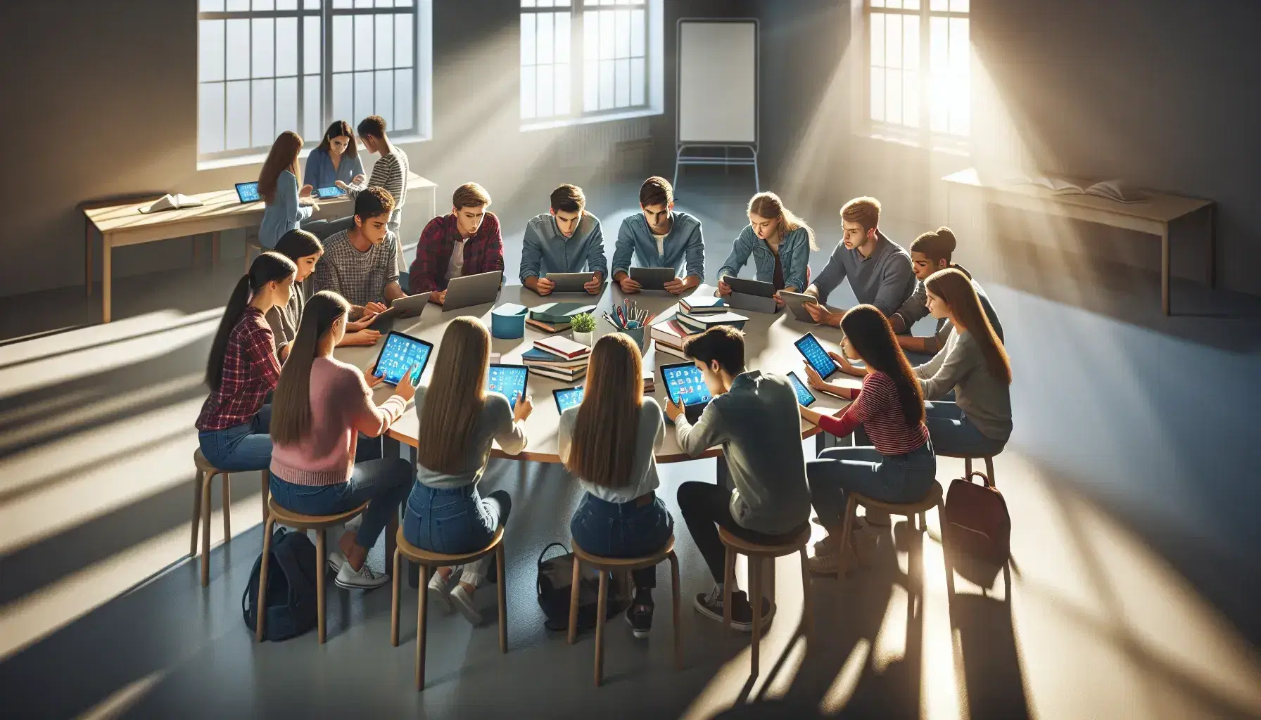 Estudiantes de diversas edades colaborando con dispositivos electrónicos en un aula iluminada naturalmente, reflejando un ambiente de aprendizaje interactivo y moderno.