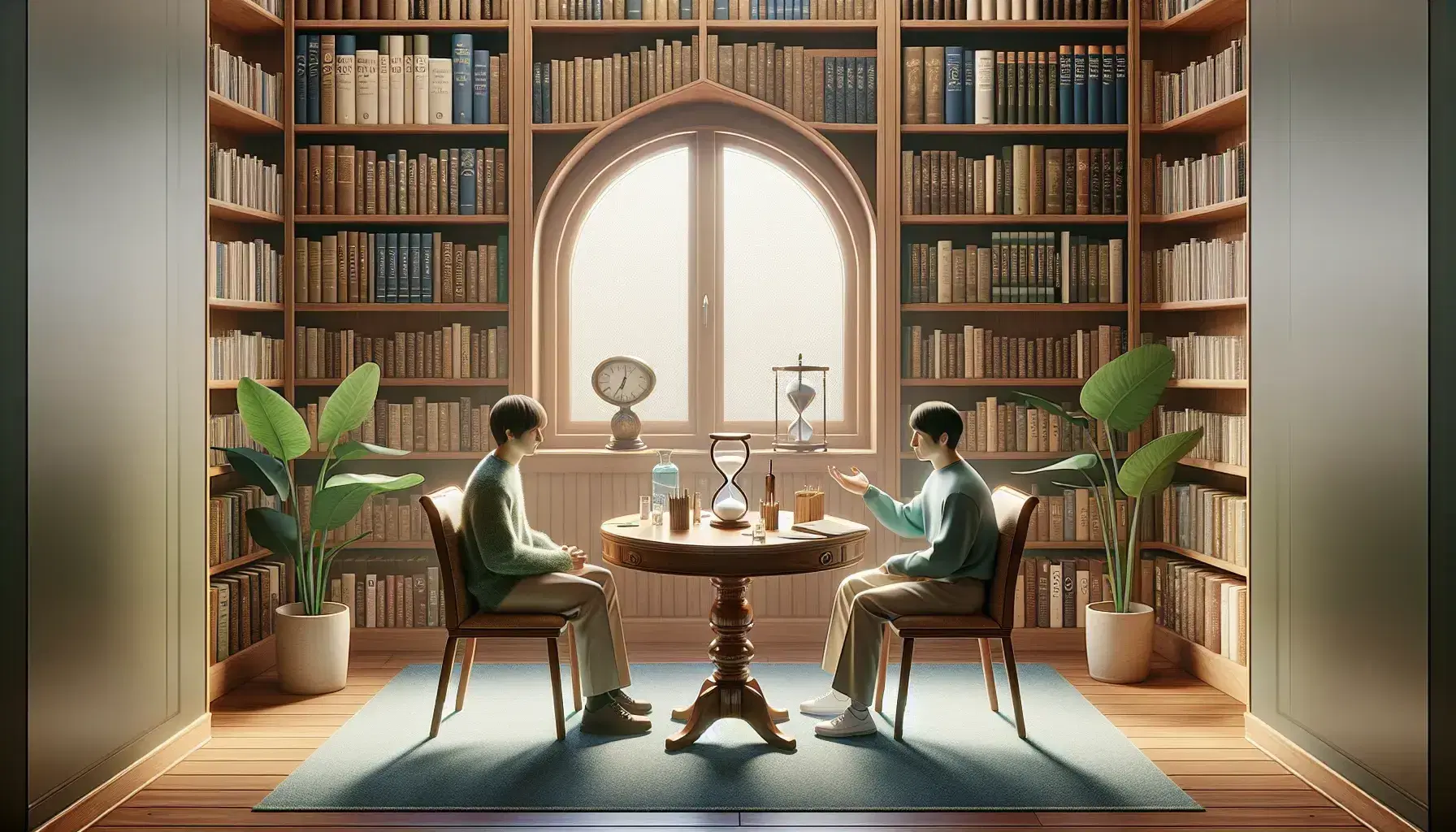 Quiet library with psychology books, round table with open book, hourglass and plant, two people in conversation.