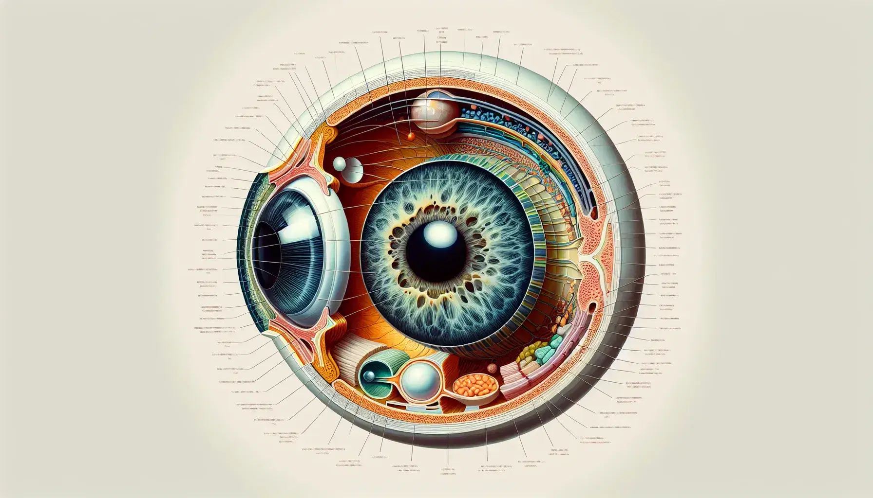 Vista transversal detallada del ojo humano mostrando la esclerótica, córnea, humor acuoso, iris, pupila, lente, humor vítreo, retina y nervio óptico.