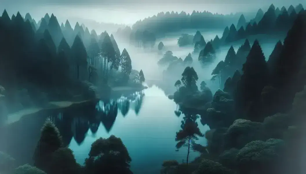 Paesaggio naturale con lago tranquillo, alberi riflessi sull'acqua e nebbia che crea un'atmosfera eterea e sfumata.