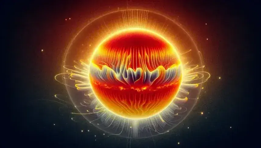 Cross-section illustration of the Sun with red-orange core, radiative and convective zones, yellow photosphere and outer corona, surrounded by solar rays and neutrinos.
