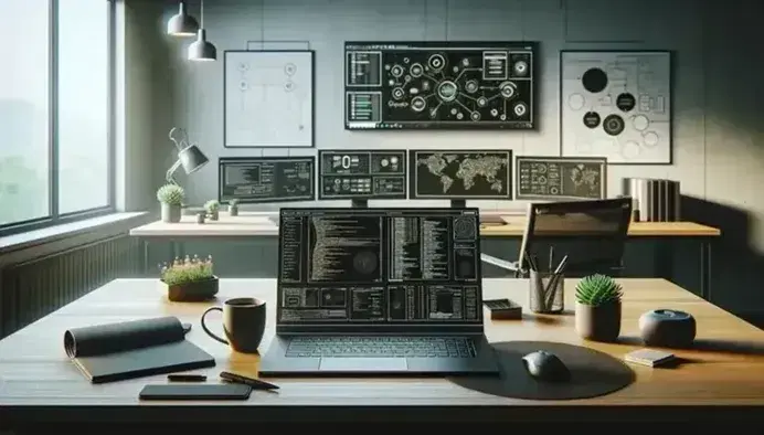 Scrivania moderna da sviluppatore con laptop, monitor secondario, taccuino, smartphone, tazza di caffè e piante verdi.