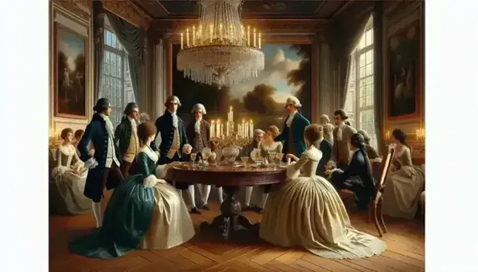 Elegant French Enlightenment salon with individuals in period attire conversing around a mahogany table, beneath a crystal chandelier, surrounded by art and books.