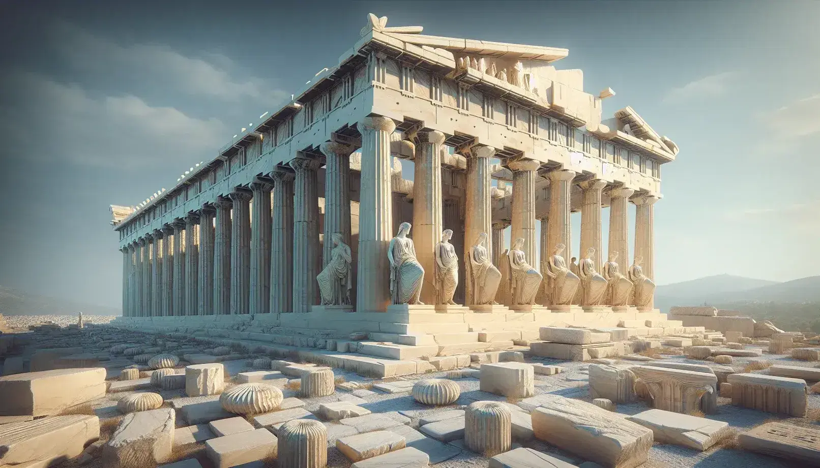 Reconstruction of the Acropolis of Athens with the Parthenon and the Erechtheion with the Caryatids, blue sky and ancient olive trees.