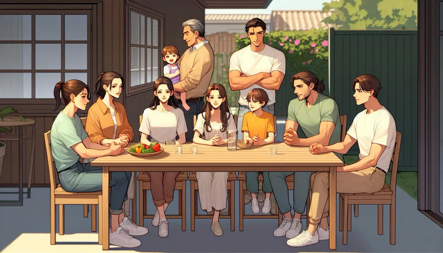 Familia diversa disfrutando de una comida al aire libre en un jardín, con adultos, adolescentes y un niño pequeño alrededor de una mesa de madera durante el día.