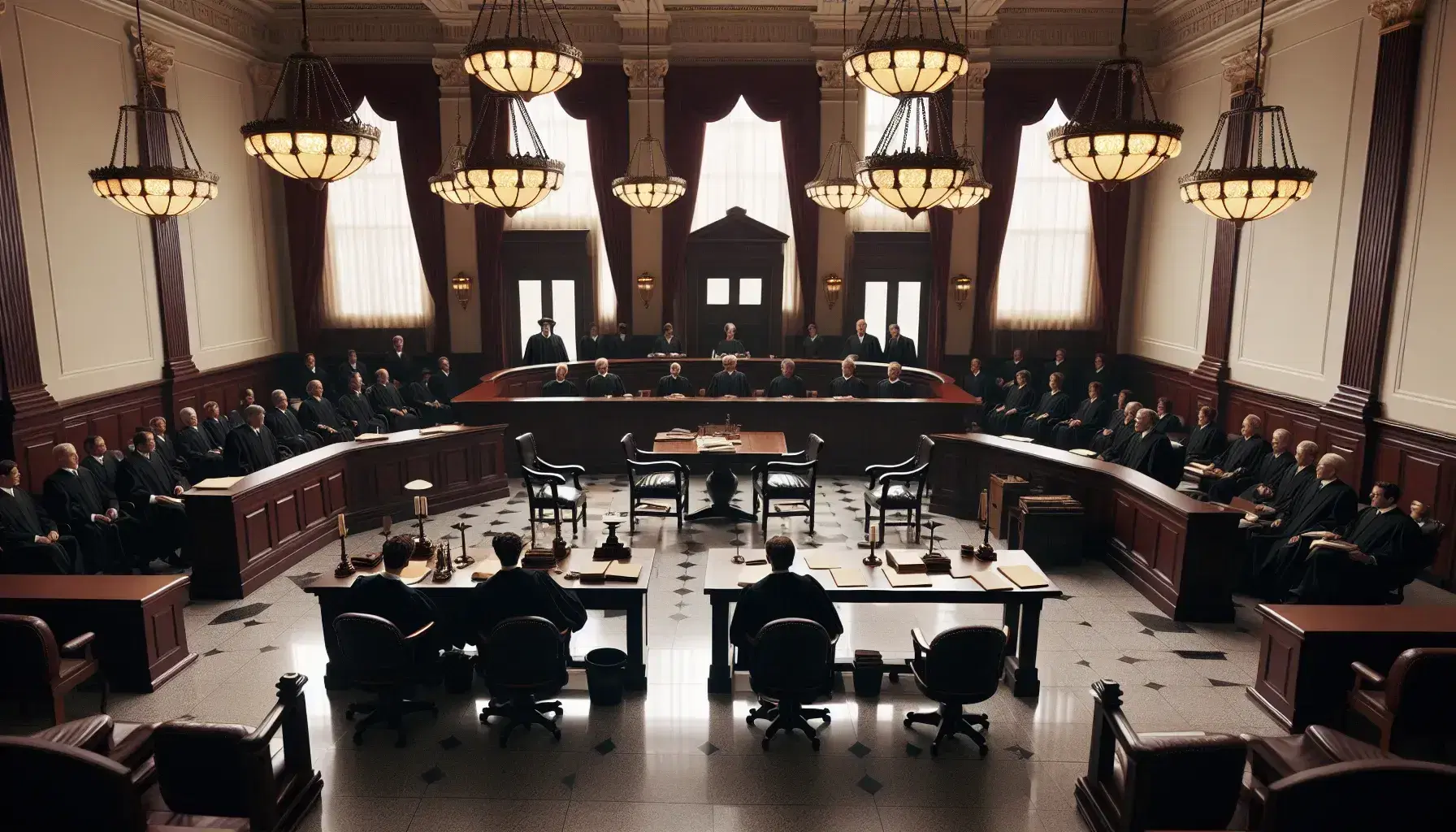 Sala de tribunal con mesa en forma de U ocupada por jueces en togas, silla elevada para juez principal, bancos de madera vacíos y lámparas colgantes en techo ornamentado.