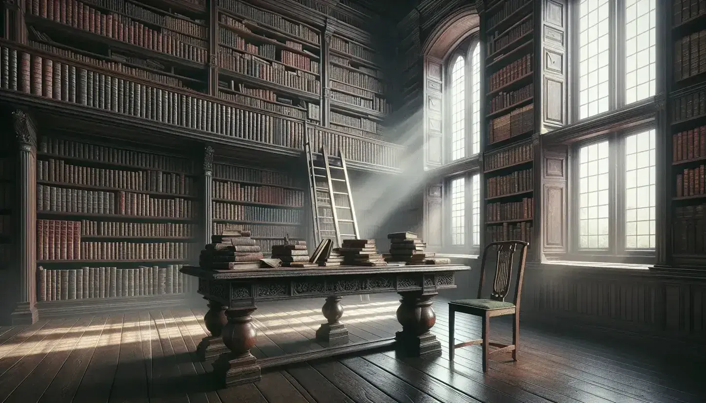 Biblioteca antigua con estanterías de madera oscura llenas de libros, mesa tallada central, escalera junto a ventana iluminada y silla con cojín verde.