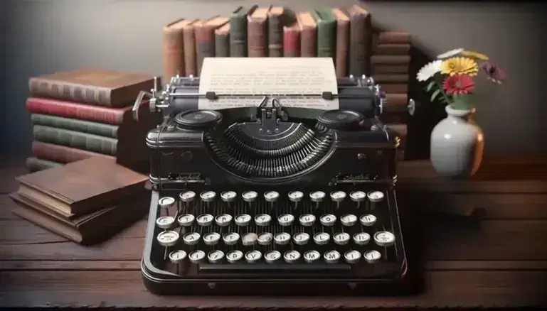 Vintage typewriter with paper inserted on wooden desk, next to a vase with wild flowers and books with no visible titles.