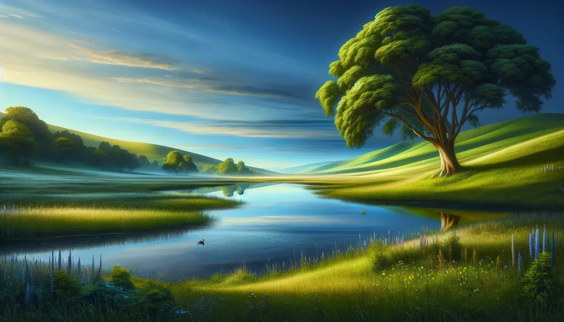 Natural landscape with green meadow, lonely tree, reflecting lake with duck and hills on the horizon under clear blue sky.