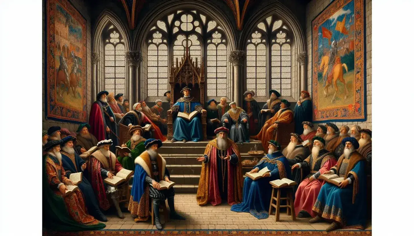 Scena medievale in aula regia con re in trono e cortigiani in abiti d'epoca, intenti in dibattiti intellettuali, circondati da arazzi e oggetti di studio.