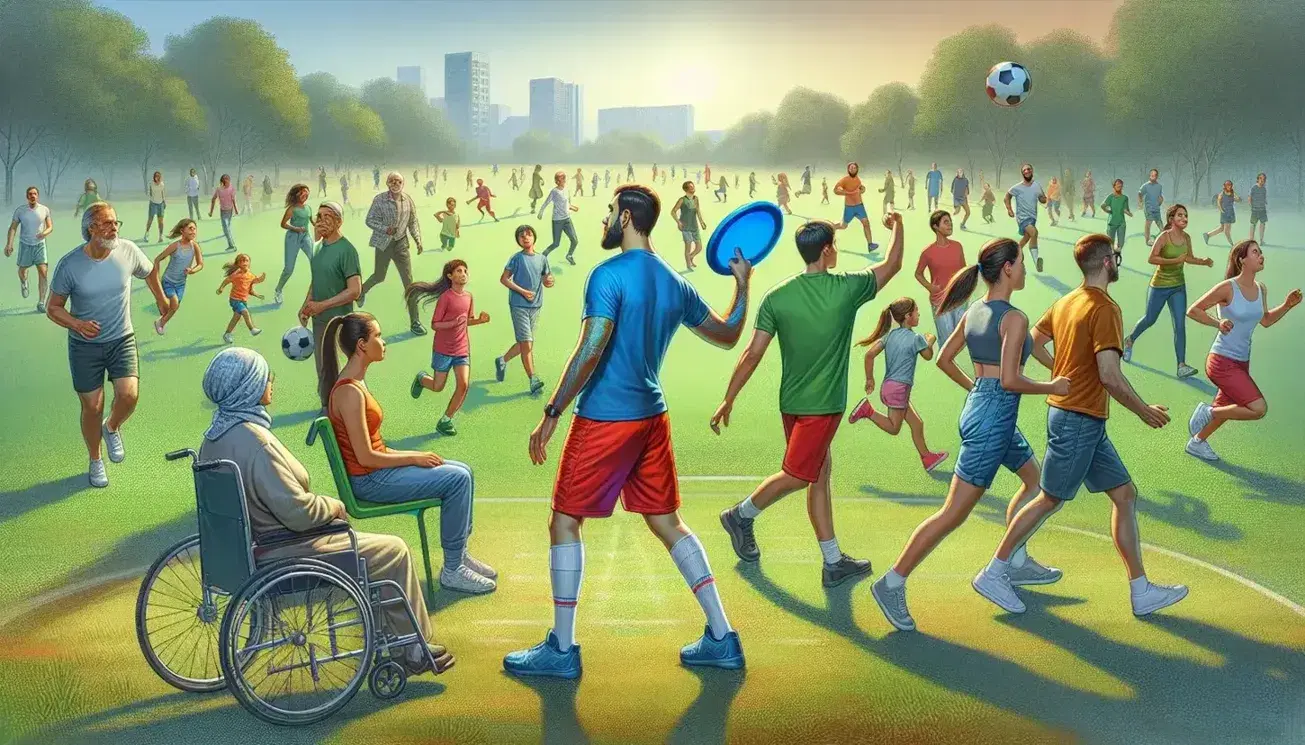 Grupo diverso realizando actividades deportivas al aire libre en un parque, con persona lanzando frisbee y otra en silla de ruedas jugando con balón.