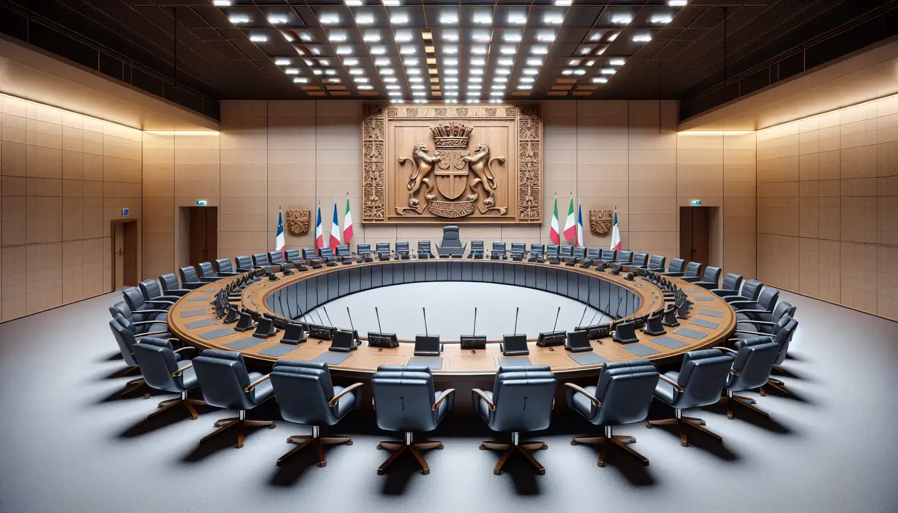 Sala consiliare regionale italiana vuota con tavolo ovale in legno scuro, sedie in pelle blu, microfoni e stemma regionale tra bandiere.