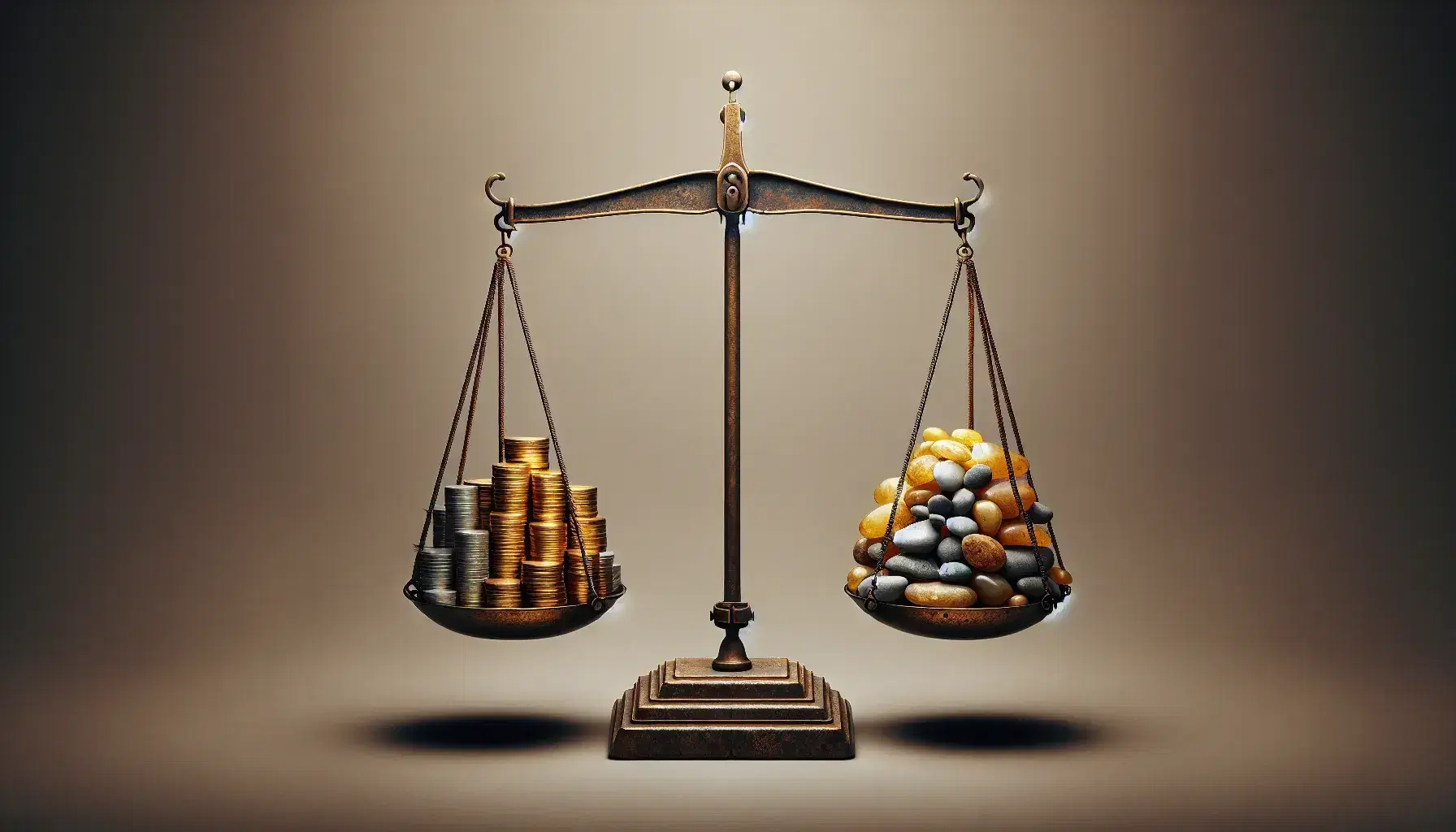 Bilancia antica in equilibrio con monete d'oro su un piatto e pietre grigie sull'altro, su sfondo neutro.