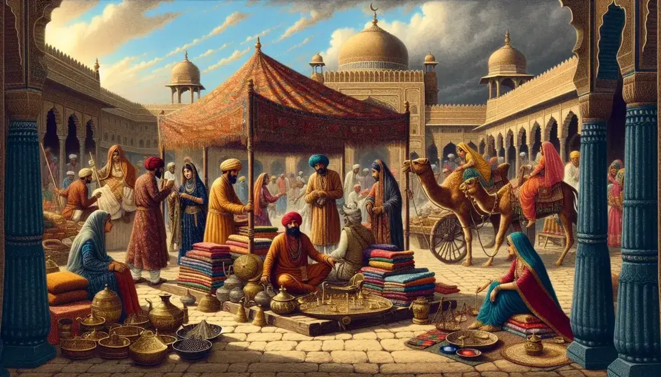 Bustling medieval Indian market scene with locals in traditional attire bartering, a camel, brassware on display, and a stone water fountain.