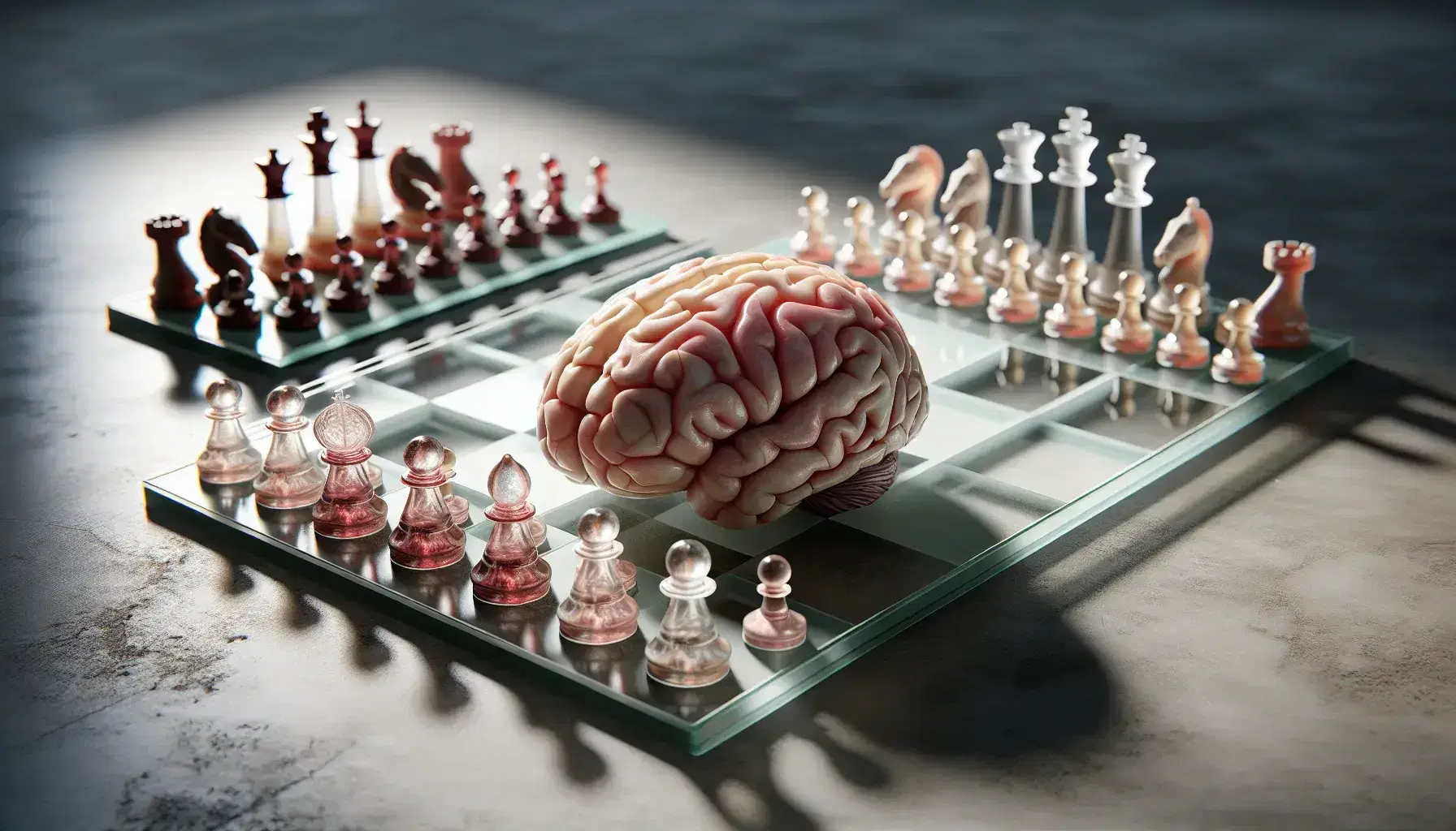Detailed model of human brain on neutral surface with glass chessboard and transparent pieces in play, soft lighting.