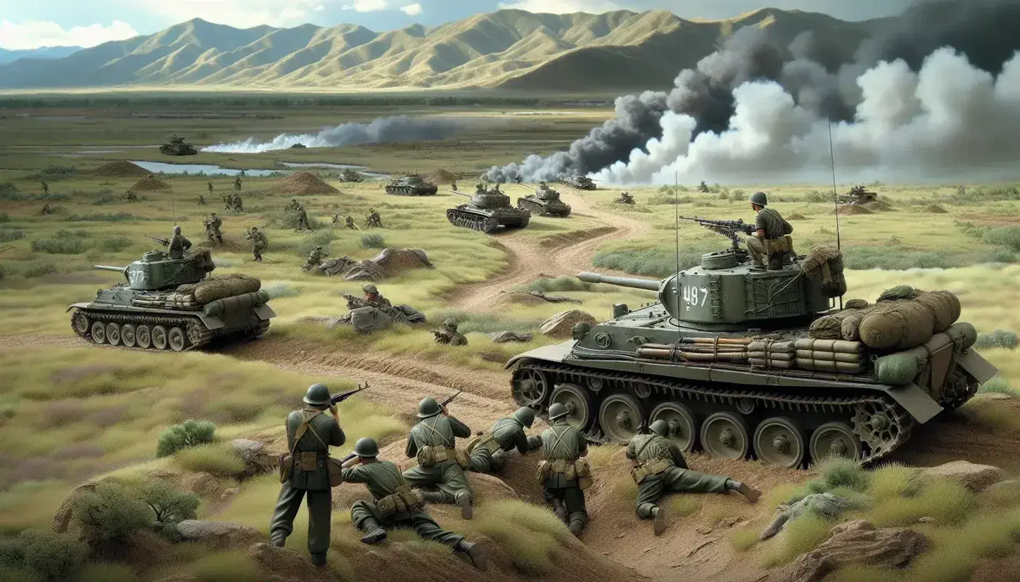 Unidentified soldiers in olive green uniforms advance cautiously across rugged terrain with camouflaged tanks and combat smoke in the background.
