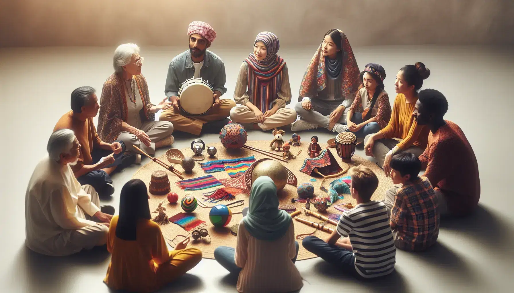 Multi-ethnic group in a circle with cultural objects, including musical instruments and traditional clothing, in a welcoming, naturally lit environment.