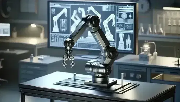 Articulated robotic arm on workbench in laboratory with monitor showing corresponding 3D model, soft lighting and blurred background.