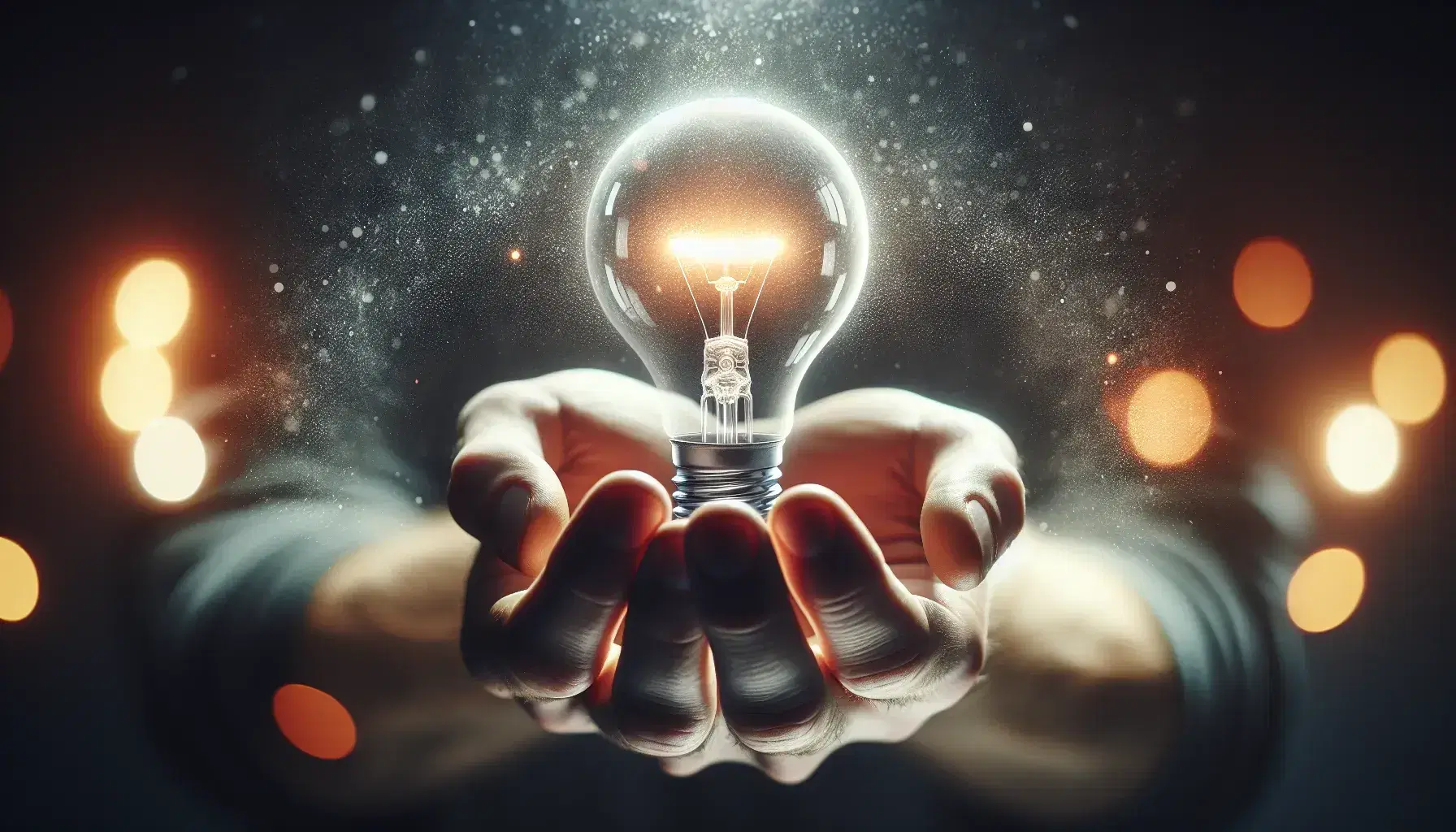 Mano umana che tiene una lampadina LED accesa che irradia una luce calda, su sfondo sfocato che esalta il contrasto luci e ombre.