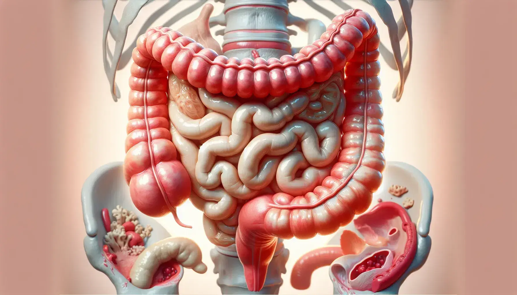 Ilustración detallada del intestino grueso humano mostrando ciego, colon ascendente, transverso, descendente, sigmoide y recto en tonos rojos y rosas.