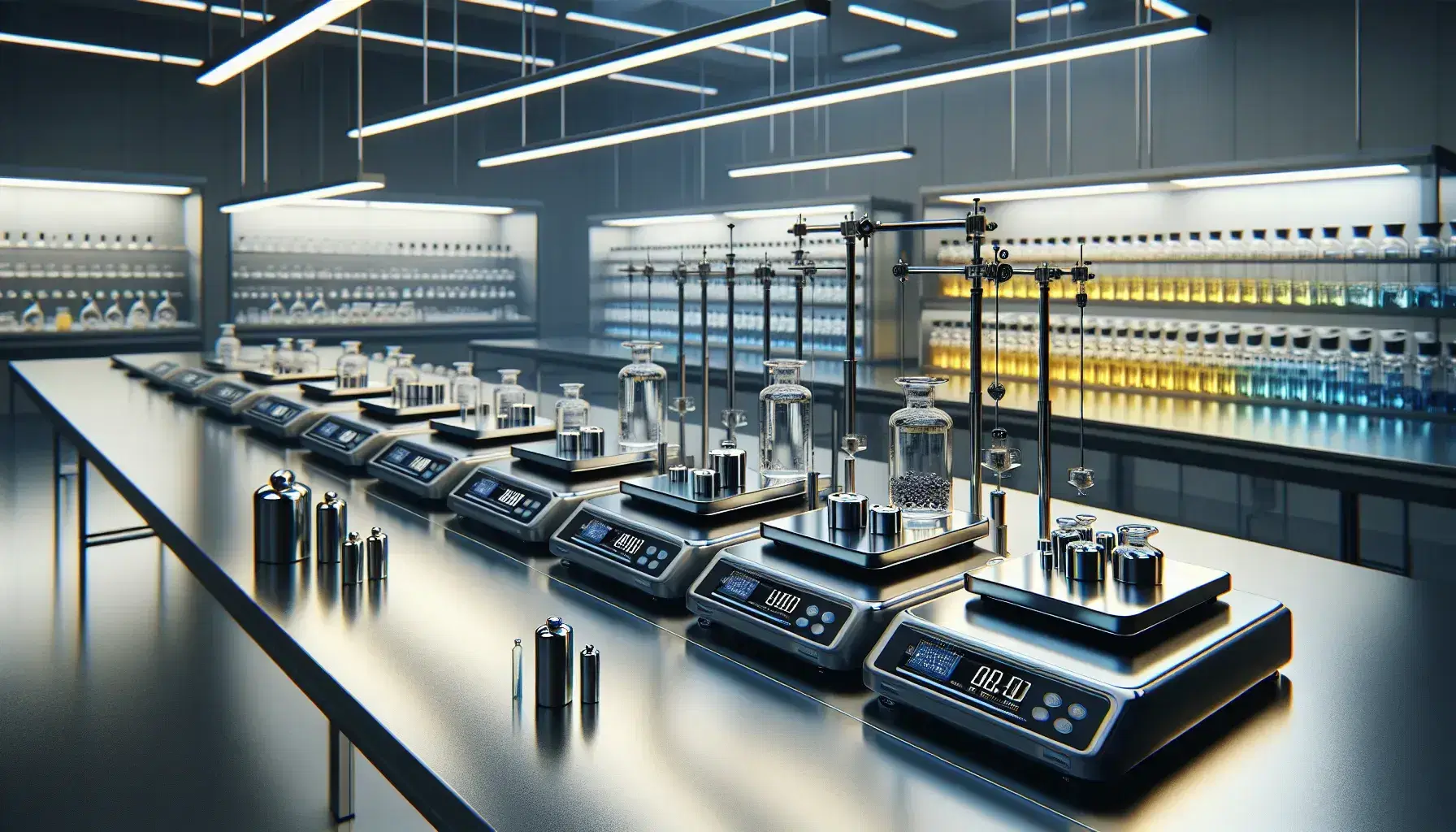 Bilance analitiche di precisione allineate su tavolo da laboratorio con pesi calibrati e viali di vetro con tappi colorati sullo sfondo.