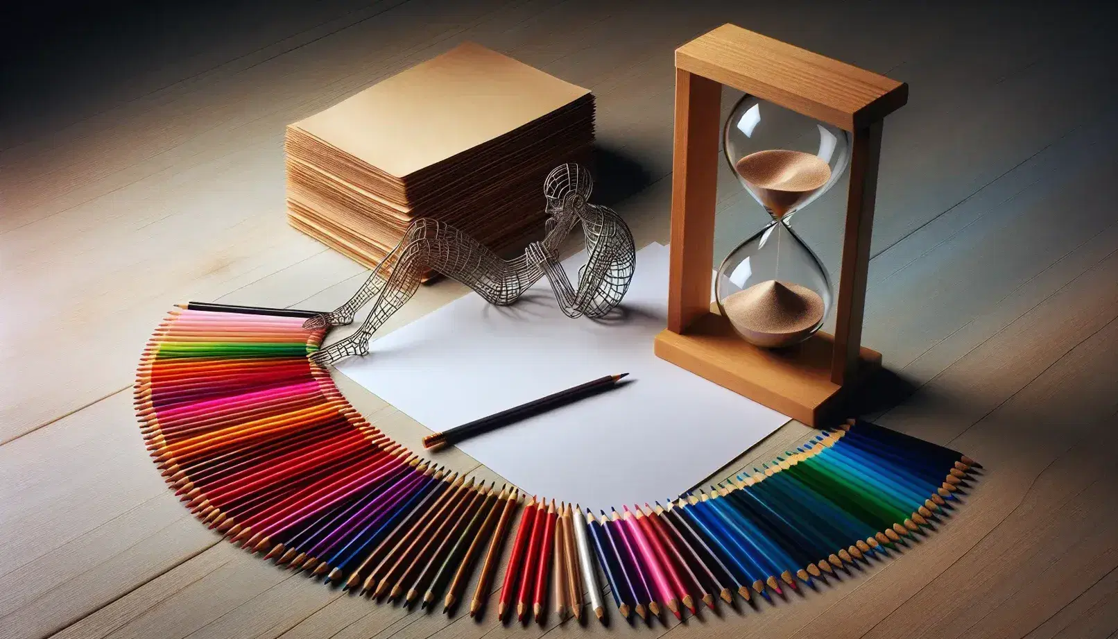 Lápices de colores en abanico sobre superficie de madera con pila de papel, reloj de arena y figura de alambre contemplativa al lado.