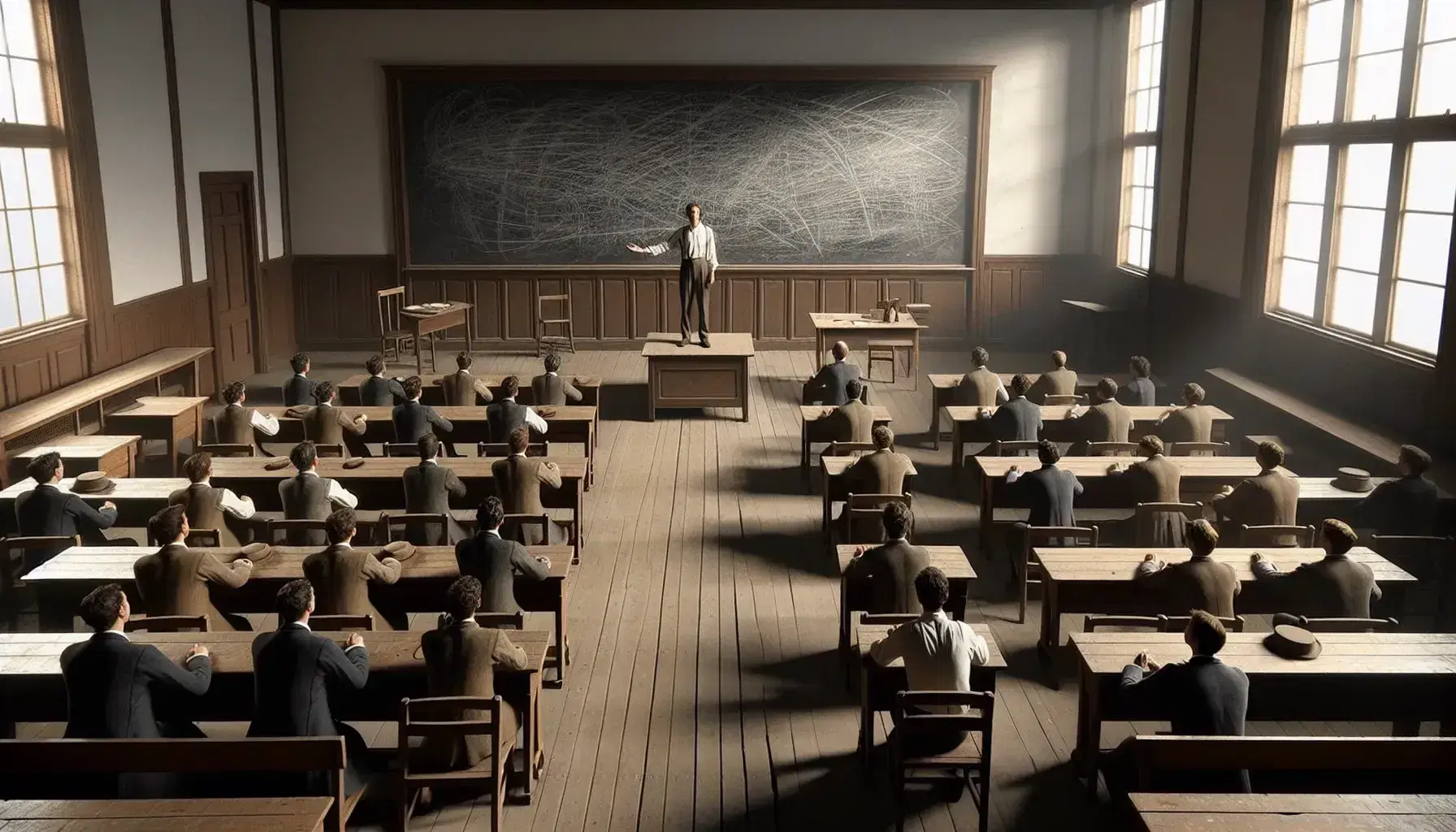 Aula tradicional con pupitres de madera y pizarra al frente, profesor explicando y estudiantes sentados participando en la clase, iluminación natural.