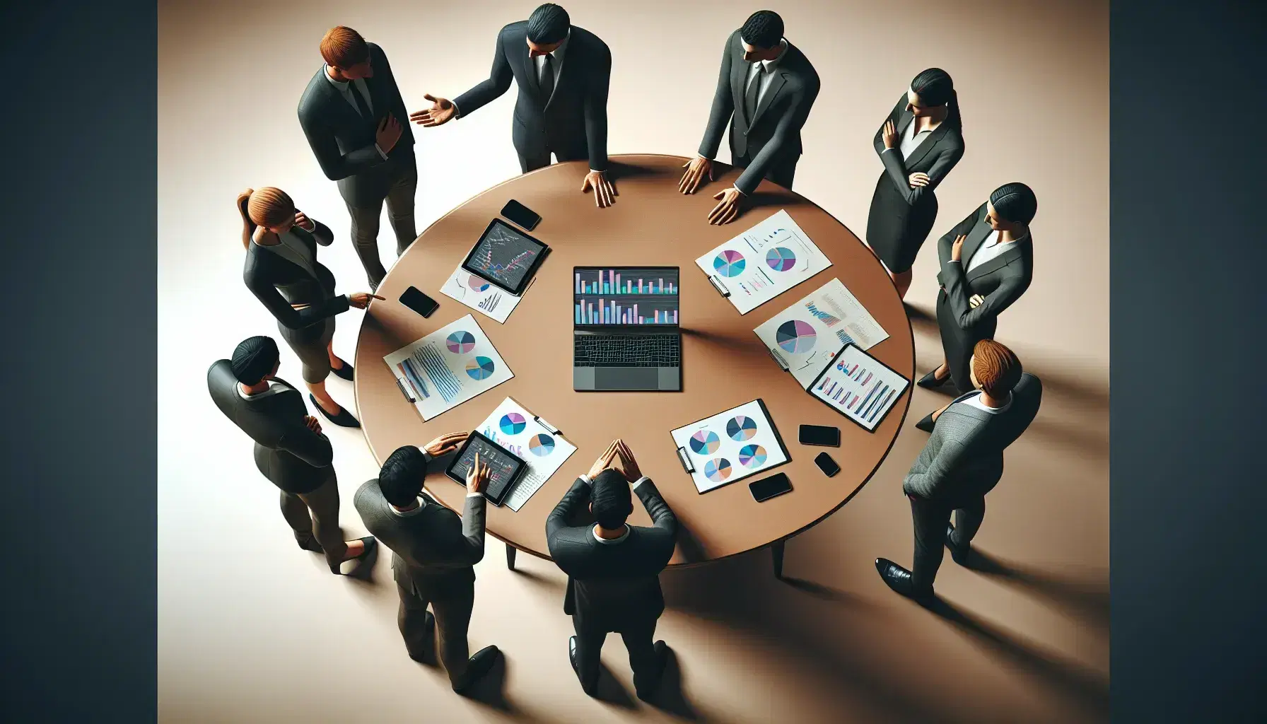 Grupo de cinco profesionales en reunión de trabajo alrededor de una mesa redonda con un portátil mostrando gráficos de barras y tablets.