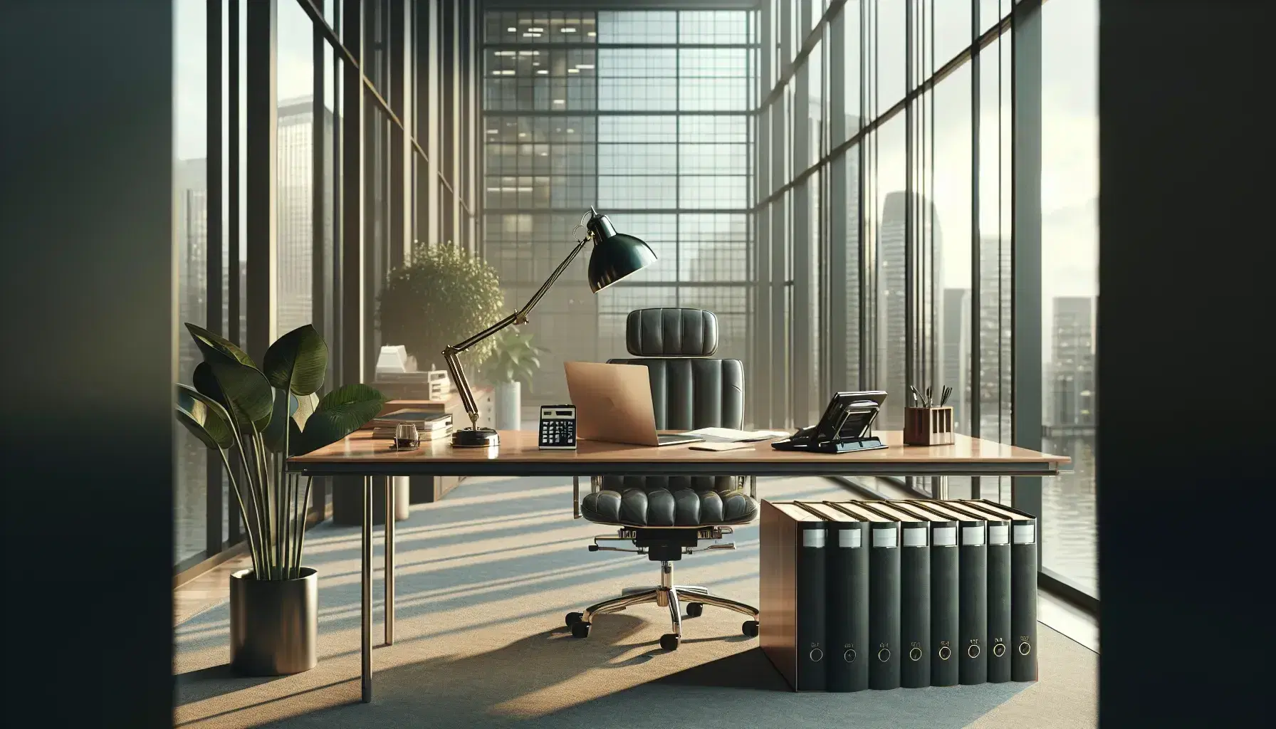 Modern accounting office with a wooden desk, ergonomic chair, laptop, green desk lamp, ledger books, calculator, potted plant, and city view through large window.