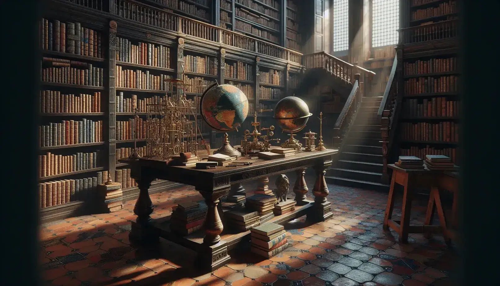 Biblioteca antigua con estantes de madera oscuros llenos de libros, mesa central con globo terráqueo antiguo y microscopio de latón, luz natural entrando por ventana alta.